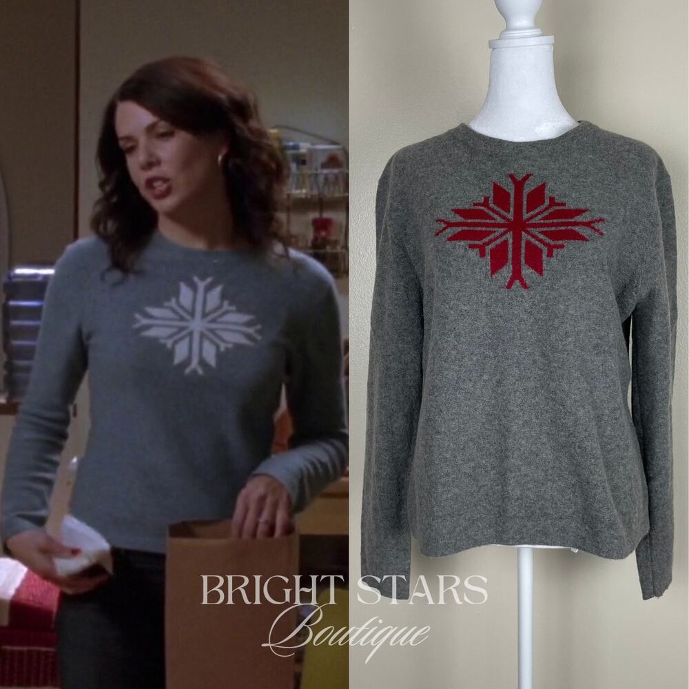 Gray Crew Neck Sweater with Red and White Snowflake Design